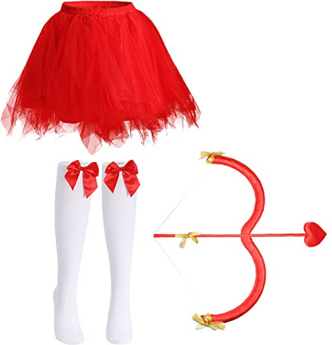 Amor Kostüm Zubehör Set, Amor Bogen und Pfeil, Schleifenhohe Strümpfe und Tutu Rock für Damen (Rot)