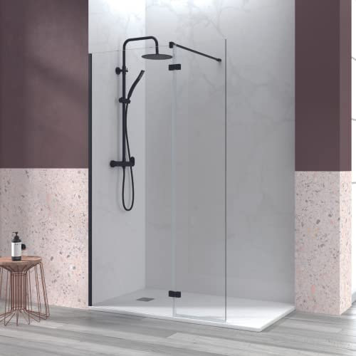 Mampara de Ducha Fijo Frontal + Puerta Abatible | Panel Pantalla Fijo Ducha con Puerta Abatible de Vidrio Templado de 6mm | Tratamiento Antical y Altura de 195cm. | Negro Mate 90+40cm