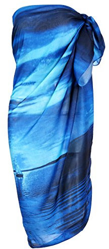 Faletony Sarongs for Women Beachwear Swimsuit Cover Ups Chiffon Pareo Beach Wrap Bright Floral Pattern Summer Holiday Sarong Skirt Deep Blue Sea