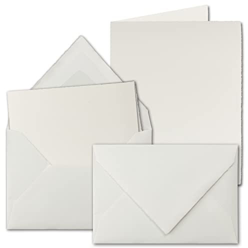75x DIN A6 Vintage Faltkarten-Set mit gefütterten Briefumschlägen, Büttenpapier, 105 x 148 mm - hoch-doppelt, Naturweiß - Karten aus Büttenpapier