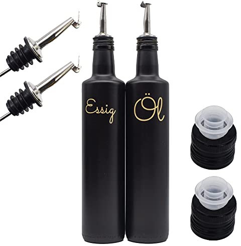 FLASCHE Essig Öl Flaschen Set mit Edelstahl Ausgießer - 500 ml 2x Deckel in Schwarz ideal für die Küche (Schriftfarbe: Gold)