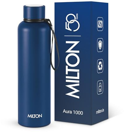 Milton Aura 1000 Thermosteel Bottle, 1.05 Litre, Dark Blue | 24 Hours Hot and Cold | Easy to Carry | Rust & Leak Proof | Tea | Coffee |Gym | Home | Kitchen | Hiking | Trekking | Travel Bottle