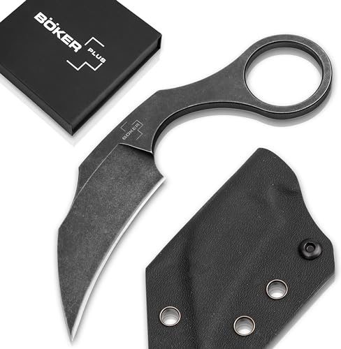 BÖKER PLUS® Bad Moon scharfes Karambit Messer - feststehendes Neck Knife mit 6,5 cm gebogener D2 Hawkbill-Klinge - Profi Karambit mit Kydex-Scheide & Kugel-Kette in Geschenk-Box