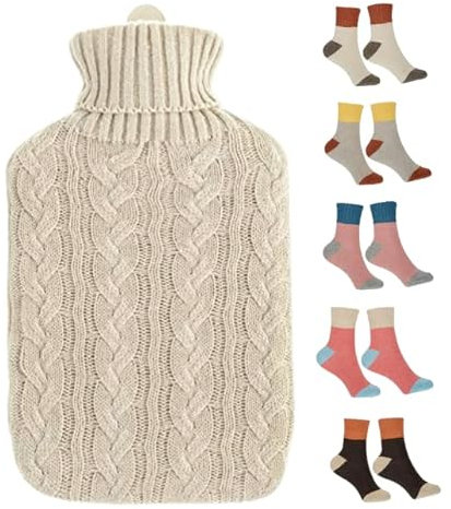 2L Hot Water Bottle with Cover UK & 5 Pairs of Warm Comfy Wool Socks - Natural Rubber 2 Litre Hot Water Bottle Inc x5 Pairs Ladies Winter Socks Size UK 4-7 (Cream Bottle with Cream Cover) (0058)