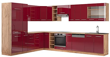 Vicco Eckküche Fame-Line, Bordeaux Hochglanz/Eiche Gold, 257 x 347 cm ohne Arbeitsplatte