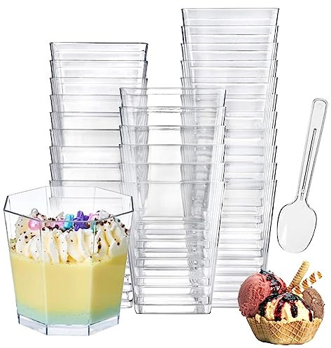 50 Stück Dessertbecher Plastikbecher 160ML, Desserttasse Dessertgläser Plastik mit Löffel Mini Partybecher Quadratische Tasse Klare Wiederverwendbare Servierschale für Zuhause Desserts Picknick Party