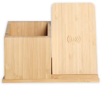 Wireless Bambus Qi Ladegerät Induktiv Kabellos Ladestation Schnellladung USB Micro B Holz Organizer Stiftehalter Schreibtisch