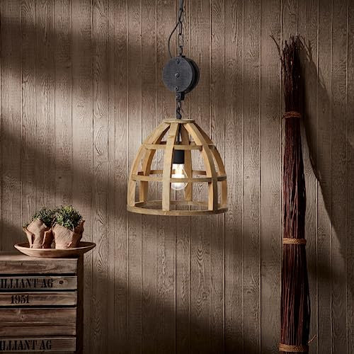 Lightbox Hängelampe im Vintage Stil - höhenverstellbare Pendelleuchte mit Schirm mit kürzbarer Kette für Wohnzimmer oder Küche - aus Holz/Metall - in Hellbarun/Schwarz Korund - Ø 34 cm & 1,43m Höhe