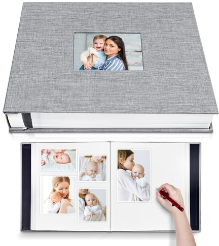 HoneyTolly Large Photo Album Self Adhesive with Picture Display Window, DIY Scrapbook Album for 4x6 8x10 Pictures, 40 Pages Linen Cover Memory Book with Scraper and Metallic Pen(Grey)