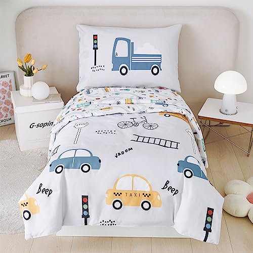 STYHO Duvet Cover Sets Double Reversible Light Grey Taxi Cars Bedding Ultra Soft Microfiber Vehicles Kids Duvet Bedding Set for All Season(Light Grey, Double)
