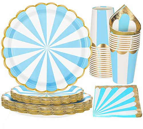 PARTY GO Lot de 96 fournitures de fête jetables bleues comprenant des assiettes en carton de 22,9 cm, des assiettes en carton de 17,8 cm, des tasses, des serviettes, pour pique-nique, fête