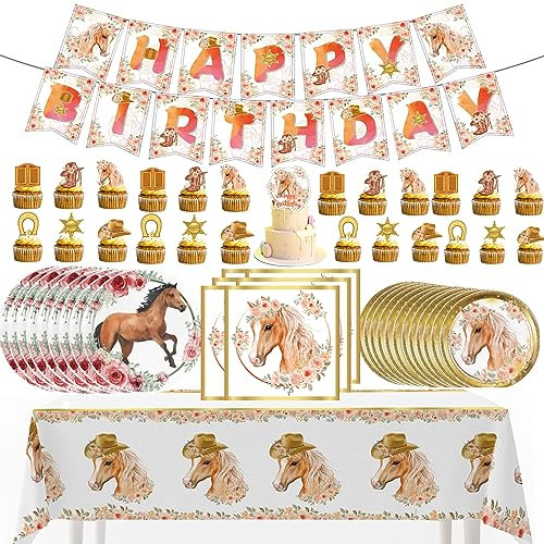 Fournitures de fête de cheval, décorations de fête d'anniversaire cheval rose, y compris assiettes en carton, nappe, bannière, assiettes, serviettes, décoration de gâteau et décorations de cupcakes