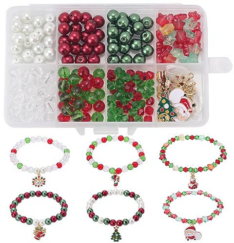 SUNNYCLUE 1 Box DIY 6 Teiliges Weihnachtsarmband Herstellungsset Weihnachtsbaumanhänger Weihnachtsmann Emaille Glockenanhänger Rot Grüne Glassternperlen Großpackung Für Die Schmuckherstellung Starter