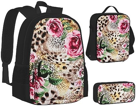 FLYIFE Gold Lips Lot de 3 sacs à dos d'école pour ordinateur portable avec sac à déjeuner et trousse à crayons, Animal Tigre Léopard Rose Fleur, taille unique