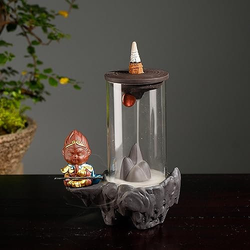 LipomA Rückfluss-Räuchergefäß, AFFE Wasserfall-Räucherstäbchenhalter mit Acrylabdeckung für Meditation Raum Wohnzimmer Yoga-Raum (Color : Gold)