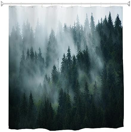 goodbath Waldduschvorhang, Mysty Trees Duschvorhang-Set, 12 Haken, wasserdichter Stoff, Badevorhänge für Badezimmer, 180 x 180 cm, Grün