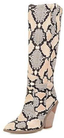 Stivali Alti al Ginocchio con Stampa Serpente Donna,Stivali Cowboy Western con Tacco Grosso e Punta a Punta Sexy,Stivali Lunghi Festa con Tacco Alto Stile Strano alla Moda,Apricot,39 EU