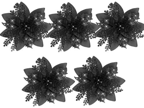 KOOMAL 5 Stück glitzernde Weihnachtssterne, künstliche Blumen, Weihnachtsbaumschmuck (Clips nicht im Lieferumfang enthalten) (schwarz)