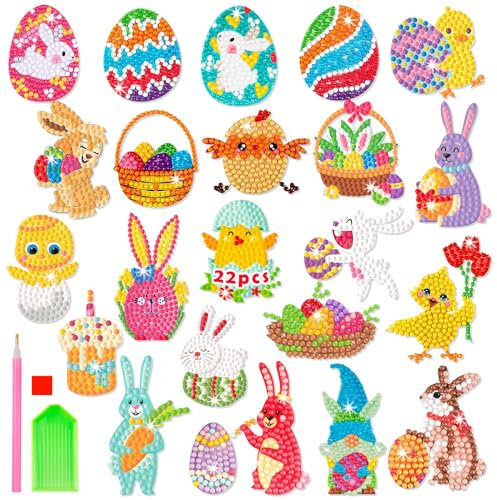 Acuiwer 22 Stücke Diamond Painting Sticker kinder Ostern 5D Diamond Painting Aufkleber für Anfänger Ostern Kinder DIY Bastelgeschenke