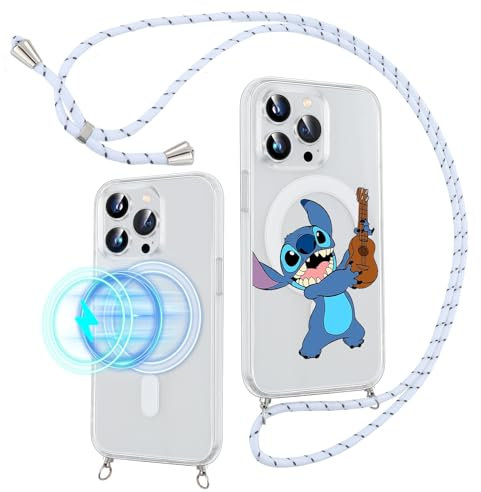 Handykette für iPhone 12/12 Pro 6,1 Hülle mit Band,Kompatibel mit MagSafe,Magnetisch Handyhülle mit Kordel zum Umhängen, Niedlich Muster Stitch Anime mit Silikon TPU Stoßfest Schutzhülle,02