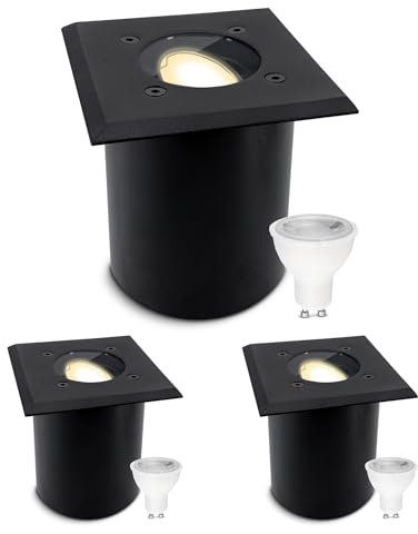 SSC-LUXon 3er Set JUAVI Bodeneinbauleuchte aussen IP67 eckig - Bodenstrahler schwarz befahrbar - inkl. GU10 LED Lampe 3W warmweiß