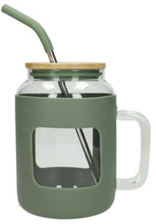 BRANDANI 51486 - Jarra curvada, color verde militar, cristal con pajita de acero inoxidable/silicona y tapón de bambú