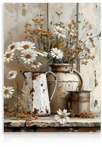 Dazzlewall Arte Murale Rustica Margherita, Decorazione da parete per Bagno in Fattoria, Arte Murale Vintage su Tela per Camera da Letto Bagno 30x40 cm Senza Cornice
