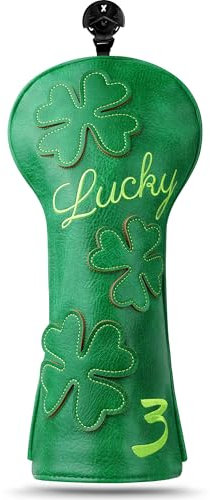 Golf Club Head covers Fairway Wood FW3 with Interchangeable Number Tag 3457X Elastic Closure Green PU Leather Clover
