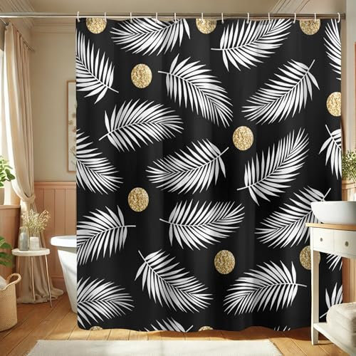 Rideau de douche feuille de palmier, fond noir avec verdure tropicale blanche, décoration de salle de bain d'été, rideau de douche moderne minimaliste en tissu imperméable avec crochets 157 x 183 cm