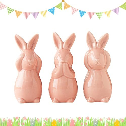 3 Stück Osterhasen Deko, Osterdeko Porzellan Hasen Deko, Frühlingsdeko Osterhasen Keramik, Osterdeko Tisch Osterhasen Figuren für Frühling Ostern Heimdekoration, Tischdeko (Rosa)