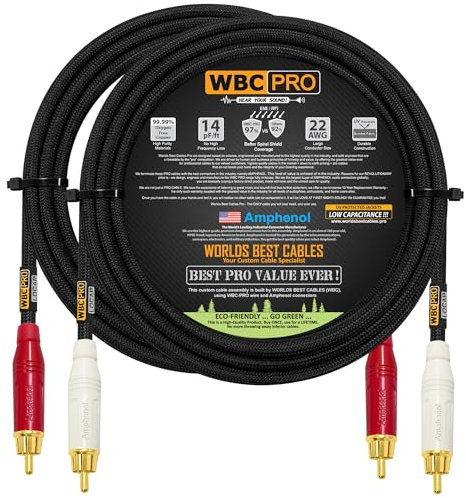 2.5 Meter RCA Cable Pair - WBC-PRO-LOCAP Low-Capacitance (14pF/ft) 22 AWG Ultra-Silent Audiophile & Professional-grade Audio Interconnect Cable with Amphenol ACPR Gold RCA Plugs & Black Tweed Jacket
