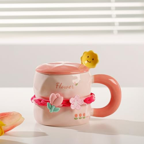 MAGICVOGEL Taza de café con flores dulces, 380 ml, taza de flores con tapa y cuchara, taza de té con asa grande para cumpleaños, día de San Valentín, Navidad, Día de la Madre (rosa)