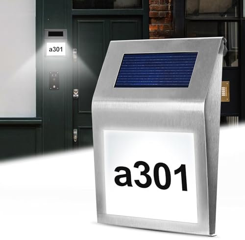 Número de casa iluminado solar, número de casa solar, número de casa IP65, resistente al agua, acero inoxidable, número de casa, lámpara de número de casa, número de casa solar con letras a-h, números
