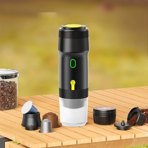 UUE 3-in-1 Tragbare Espressomaschine mit 150-ml-Tasse, 12V/USB-C, 7500mAh, 4 Min. Aufheizen, Kompatibel mit Kapseln & gemahlenem Kaffee, Heiß-/Kaltmodus für Auto, Camping, Reisen (Schwarz)​