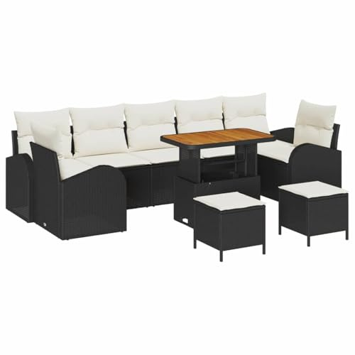 vidaXL Garten-Sofa-Set mit Kissen 10 pcs Schwarz Poly Rattan, Garten Lounge Set, modernes Sofa für draußen, leichtes, modulares Mobiliar, UV-beständig, höhenverstellbarer Tisch
