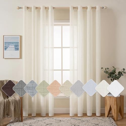 MIULEE 2er Set Voile Vorhang Sheer Leinenvorhang mit Ösen Transparent Leinen Optik Gardine Ösenschal Wohnzimmer Fensterschal Lichtdurchlässig Dekoschal Schlafzimmer 140x122cm (B x H) Hellbeige