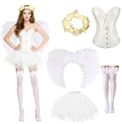Weiß Engel Kostüm,Engel und Teufel Flügel Kostüm,Engelsflügel kostüm Damen mit Damen Schnürkorsett Top,Damen Schnürkorsett Top, Tüllrock, und Halo Zubehör für Halloween Karneval