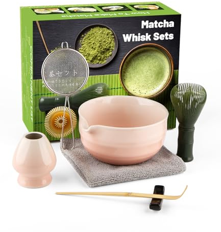 Matcha Set (7-Piece) Which Matcha Whisk, Matcha Cup, Matcha Bowl, Chasen, Matcha Sieve, Matcha Spoon,Ideal Starter Matcha Kit for Easy Matcha Making (Pink White)