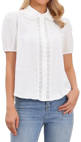 Allegra K Women Cotton Peter Pan Collar Short Sleeve Button Up Blouse | Crochet panel design. Suitable for spring, summer, fall, casual, picnic, work, dating, outdoor