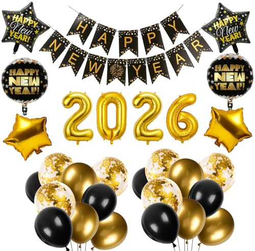 Silvester Deko 2026, Luftballons Schwarz Gold, Happy New Year 2026 Ballons Schwarz Gold, 29-teiliges Party-Set mit Discokugel Luftballon für Silvesterfeiern
