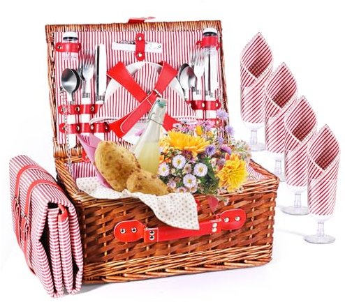 Cesta Picnic 4 Personas,Set de Picnic de Mimbre con Manta de Picnic Impermeable y Juego de Cubiertos, Cesta de Picnic para Camping,Rosa