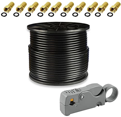 Premium X 100m PROFI Koaxialkabel Schwarz CU 135dB 4-fach Koax Kabel SAT Antennenkabel 10x F-Stecker Abisolierer 0,51 EUR/m