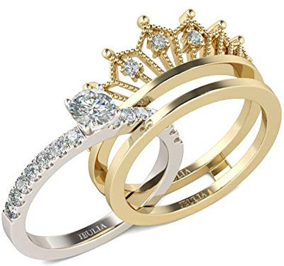Jeulia 2 Stück Krone Damen Ringe Set Vergoldet Sterling Silber Verlobungsring Rundschliff Zirkonia Diamant Solitärring Antragsring Vorsteckring Mit Geschenkbox (58 (18.5))