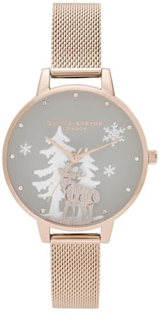 Olivia Burton Analogue Quartz Watch for Women Winter Wonderland Collection with Rose Gold Colored Stainless Steel Mesh Bracelet - OB16AW01