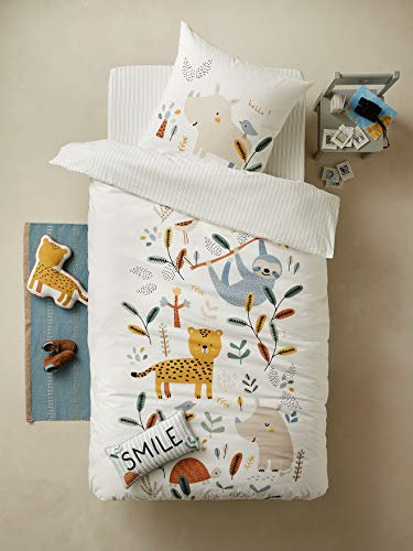 Vertbaudet Kinder Bettwäsche-Set Dschungel Paradies wollweiß Bedruckt 140X200 - Kissen 63X63