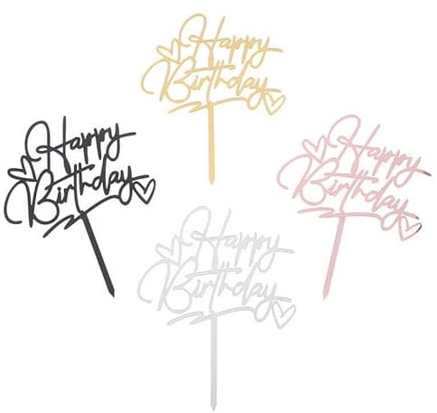 Happy Birthday Cake Toppers Elegant Script Calligraphy Decoration UK Acrylic (SILVER)