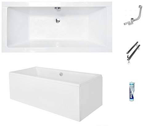 ECOLAM Baignoire rectangle Quadro 180x80 cm, tablier en acrylique, pieds, siphon et silicone, ensemble complet, Baignoire rectangle en acrylique