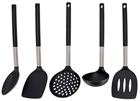 EUROXANTY Set 5 utensilios de cocina | Utensilios de Nylon | Resistentes a altas temperaturas | Antiadherentes | Acero inoxidable | Flexibles | Con asa