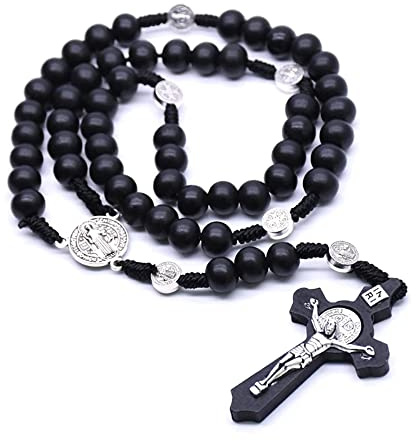 BlackAmazement Holz Halskette Kette Rosenkranz Paternosterschnur Holzperlen Kruzifix Kreuz braun schwarz Damen Herren