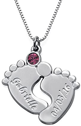 MYKA - Personalisierte Babyfüße Charm-Halskette mit Geburtssteinen für Frauen – Gravieren Sie jeden Namen und Datum – Sterling Silberschmuck für Mütter – Geschenk